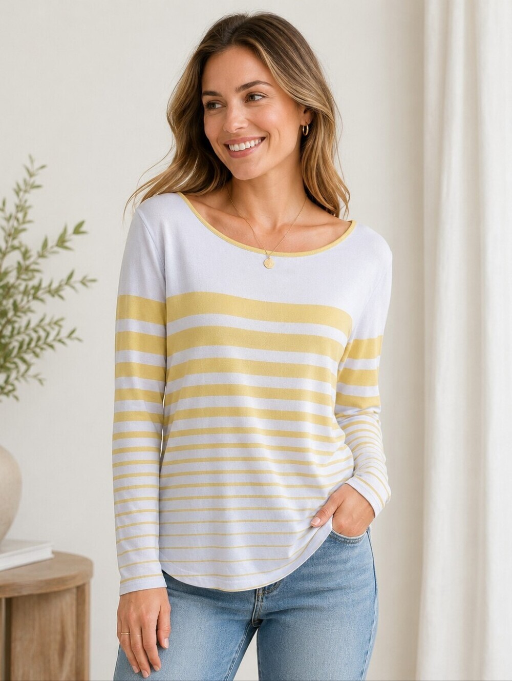 GAP White and Yellow Striped Long Sleeve Knit Top